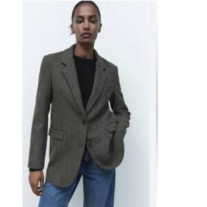 Zara Houndstooth Heritage Oversized Wool Blend Coat Blazer